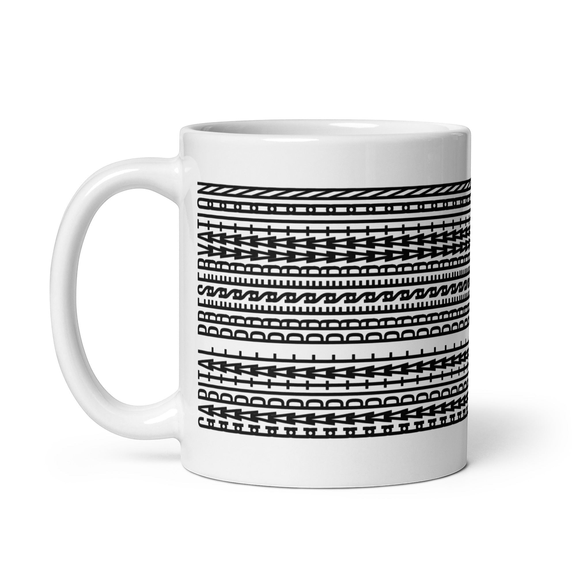 Trader Id Capital Preservation mug with abstract geometric pattern and text. White ceramic.