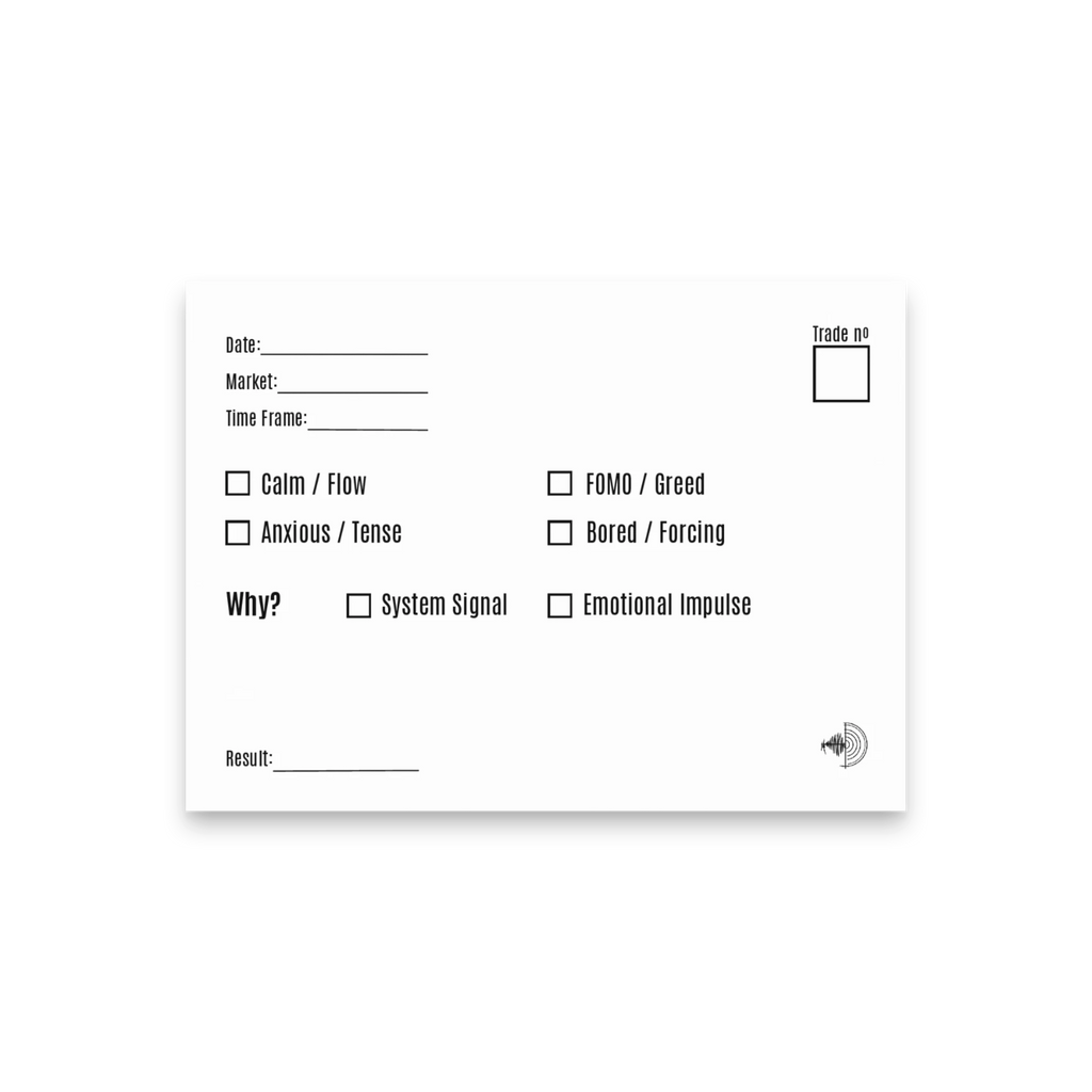 Trader ID Mental Check Trading Post-it notes for traders to log date, market, timeframe, and trade result.
