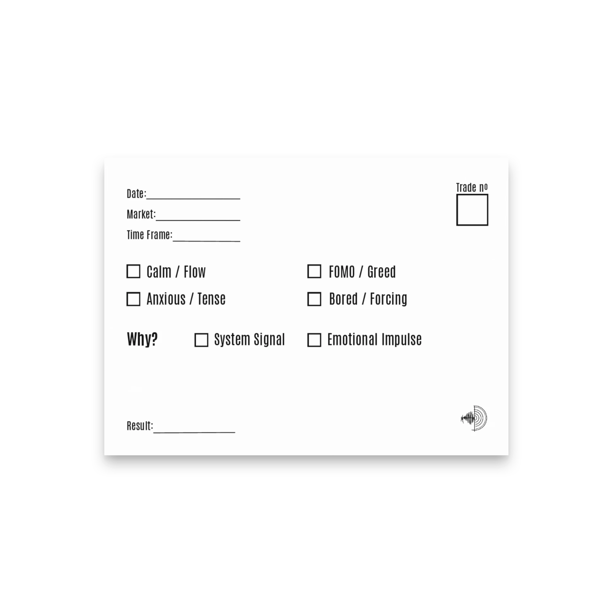 Trader ID Mental Check Trading Post-it notes for traders to log date, market, timeframe, and trade result.
